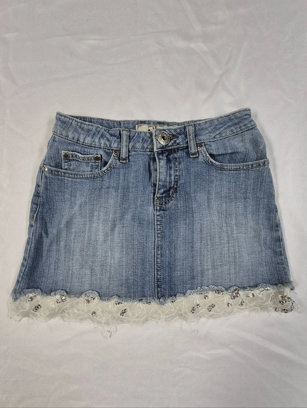 Y2K Girl's Size 12 Denim Mini Skirt Lace Trim Sequins Frayed Raw Hem Distressed